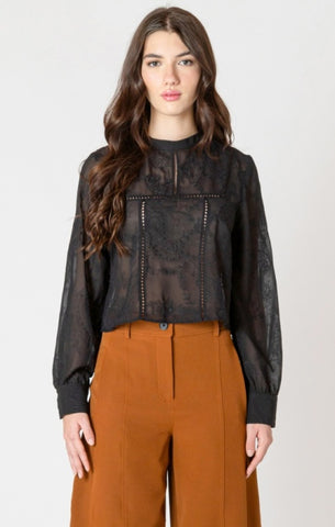 Shayla Embroidered Lace Insert Top (Black)
