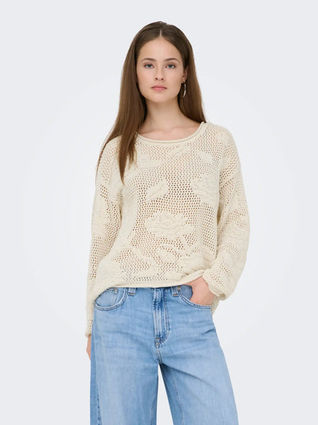 Sela Cotton Blend Open Knit Sweater (Ecru)