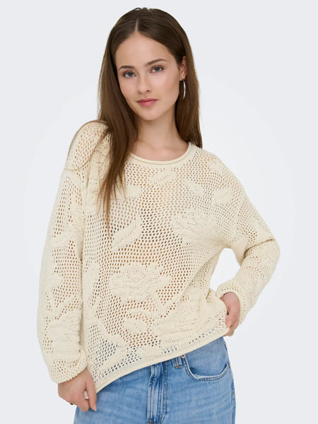 Sela Cotton Blend Open Knit Sweater (Ecru)