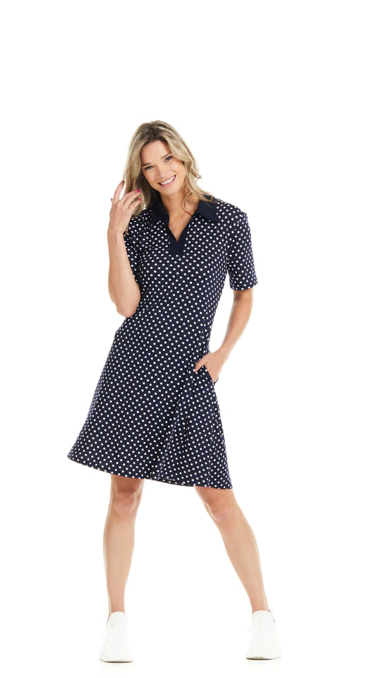 New York Navy Polka Dot Collared Dress with Pockets