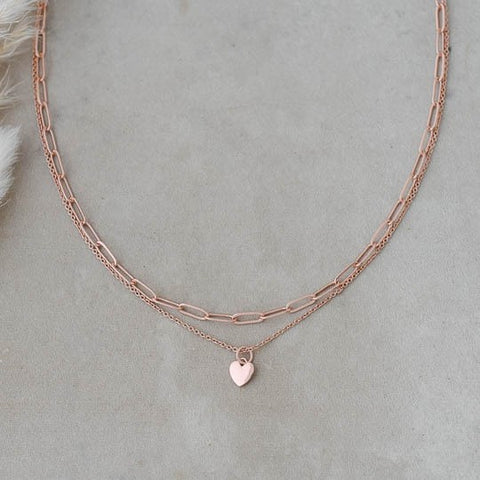 Paperclip Double Chain Heart Necklace - 3 Colour Options