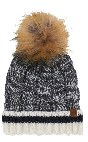 Faux Shearling Lined Cable Toque with Faux Fur Pom