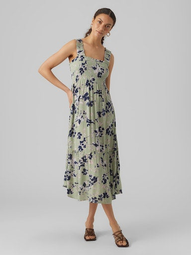 Jenny Smocked Sage Floral Midi Dress
