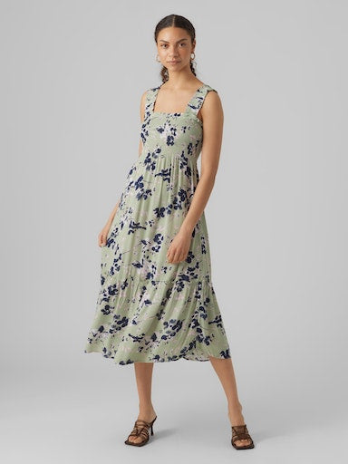 Jenny Smocked Sage Floral Midi Dress