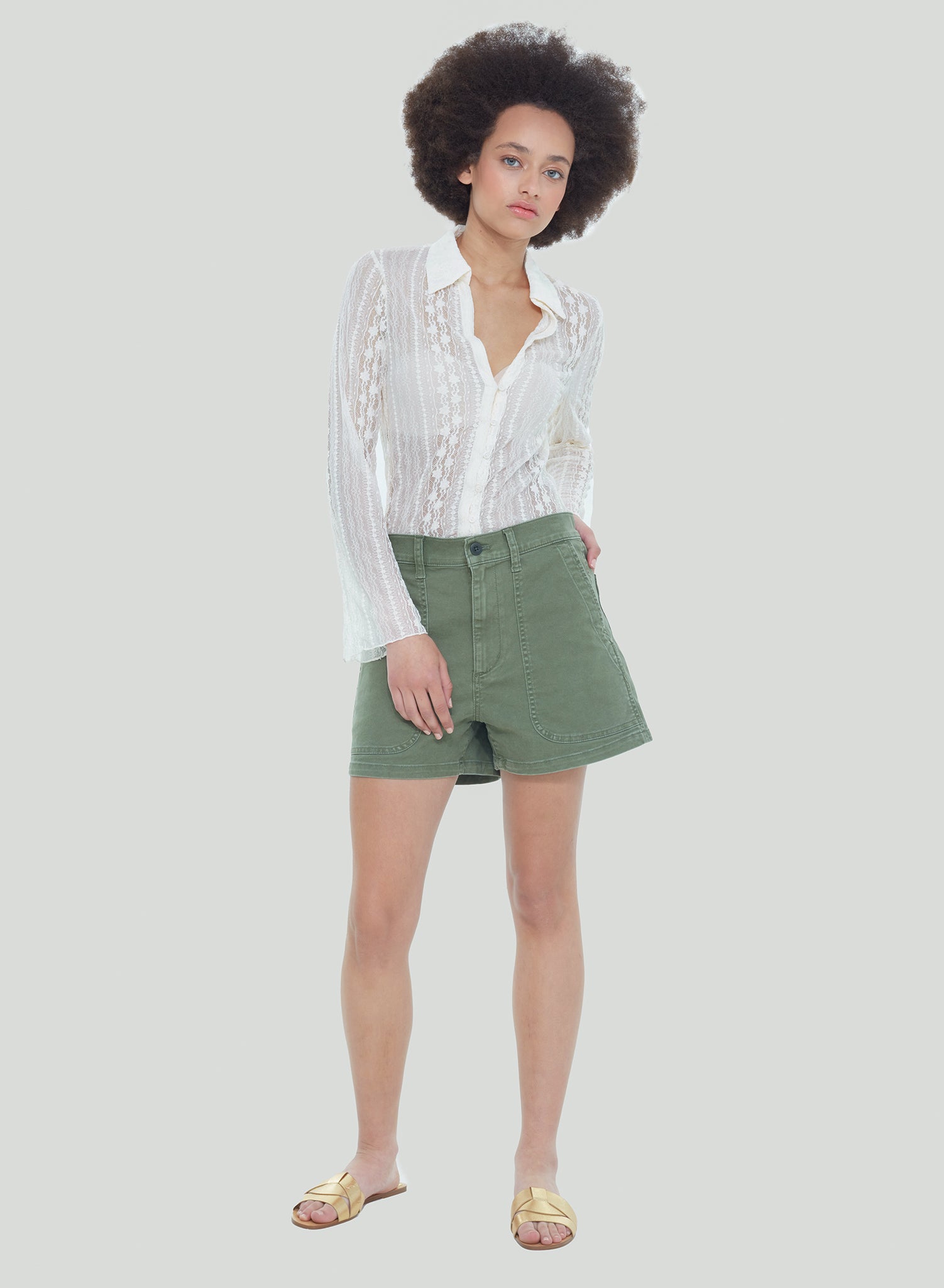 Sara High Rise Denim Short in Khaki Green